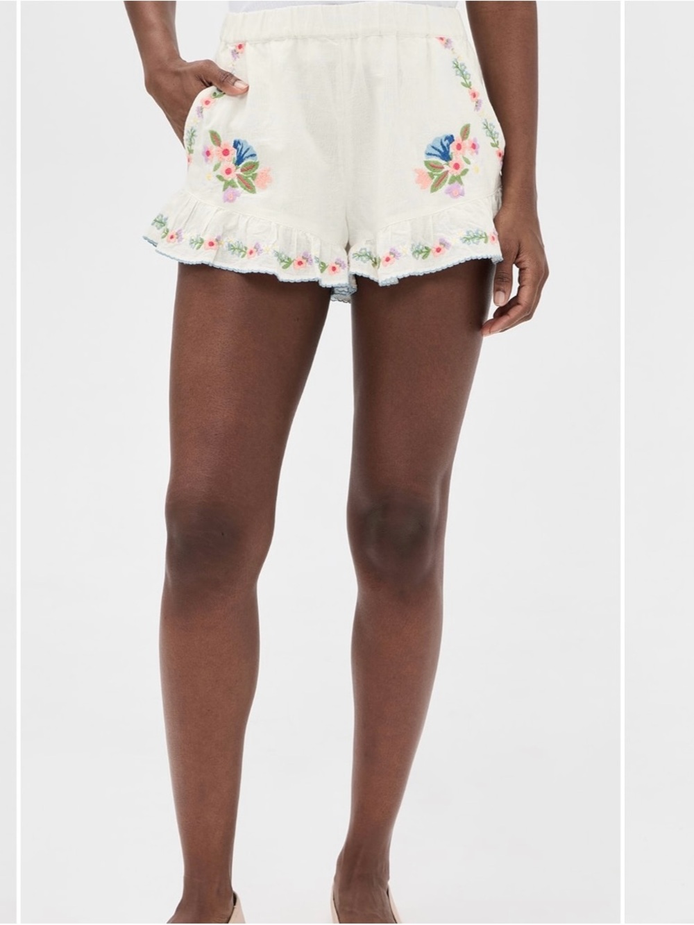 Show Me Your MuMu White Embroidered Ruffle-Hem Shorts